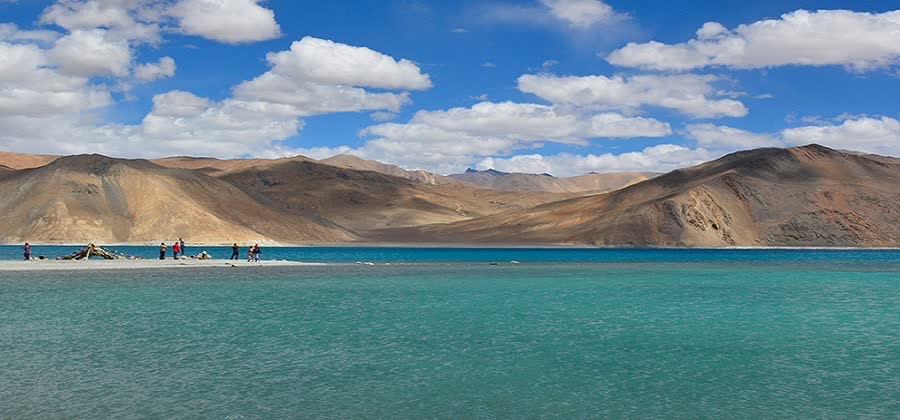Turquoise Pangong Lake between barren mountains in Ladakh